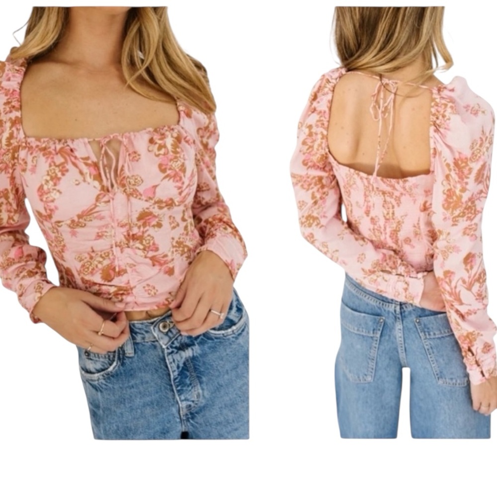 Free People Hilary Printed Long-Sleeve Top, Women’s, Pink Floral, Size XS